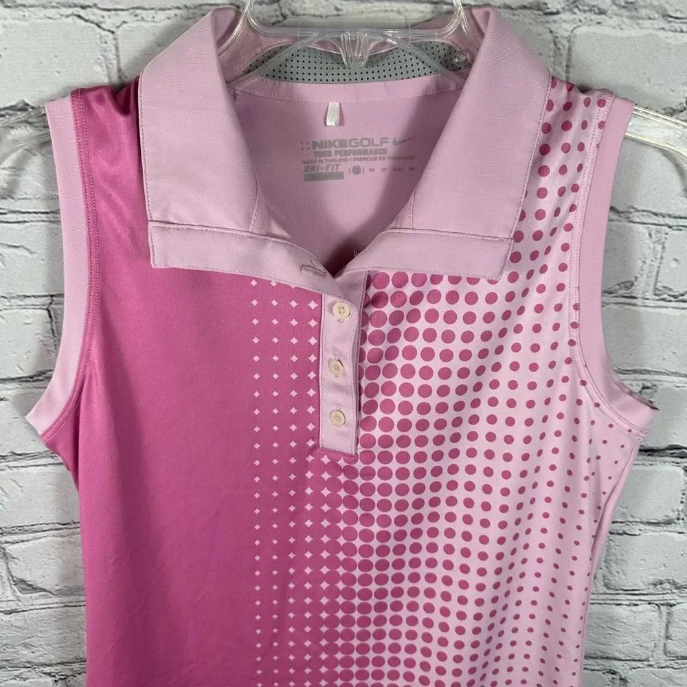 Nike Women’s Sleeveless Polo Shirt Tour Performance Dri-Fit Pink & Polka Dots XS